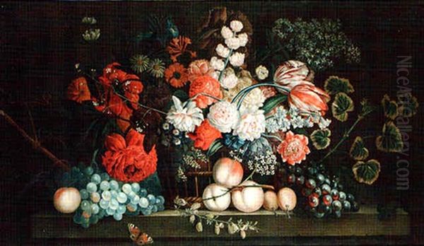 Still Life Of A Basket Of Flowers Beside Fruit On A Ledge - view 1