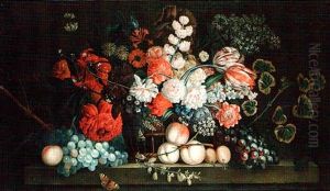 Still Life Of A Basket Of Flowers Beside Fruit On A Ledge by Jacob van Huysum