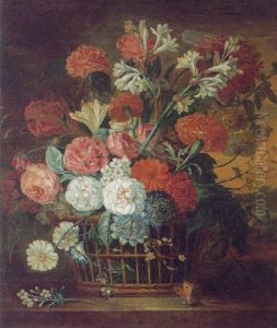 A Still Life Of Roses, Carnations And Other Flowers In A Basket Beside A Butterfly On A Stone Ledge, A Landscape Beyond
