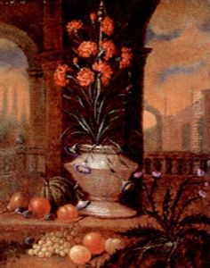 Red Carnations In A Ceramic Vase In A Palace Garden