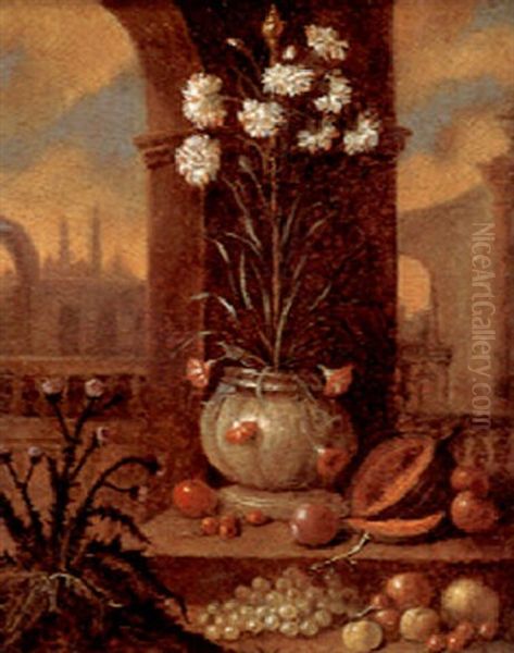 White Carnations In A Ceramic Vase In A Palace Garden - view 1