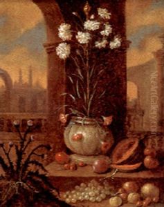 White Carnations In A Ceramic Vase In A Palace Garden