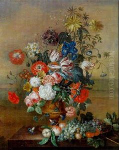 Nature Morte Au Vase De Fleurs Et Fruits Sur Un Entablement