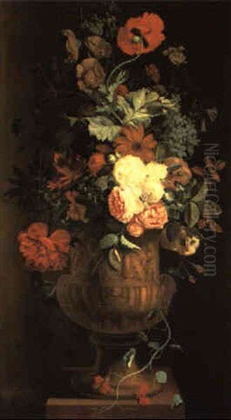 Still Life Of Roses And Other Flowers In A Terracotta Urn, Standing On A Plinth - view 1