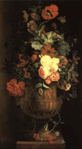 Still Life Of Roses And Other Flowers In A Terracotta Urn, Standing On A Plinth by Jacob van Huysum