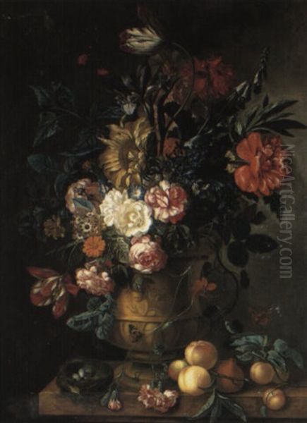 Parrot Tulips And Other Flowers With A Bird's Nest On A Ledge - view 1