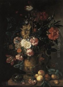 Parrot Tulips And Other Flowers With A Bird's Nest On A Ledge