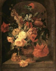 A Still Life Of Flowers Including Roses, Irises, Tulips And Peonies In A Terracotta Vase In A Stone Niche by Jacob van Huysum