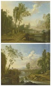 An Italianate River Landscape With Shepherds And Mules Crossing A Bridge; And An Italianate River Landscape With Figures Fishing By A Waterfall, A Town Beyond by Jan Van Huysum