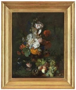 A Parrot Tulip, Roses, Peonies, Carnations, Morning Glories, Honeysuckle And Other Flowers In A Sculpted Urn, With Fruit And A Bird's Nest, In An Exterior by Jan Van Huysum
