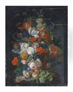 A Still Life With Flowers And Fruit On A Stone Ledge In A Niche by Jan Van Huysum