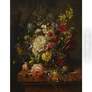 Floral Still Life In A Basket With A Bird"s Nest, A Butterfly, A Lady Bug, A Fly And Other Insects On A Marble Ledge In A Forest With Trees And Antique Urn by Jan Van Huysum