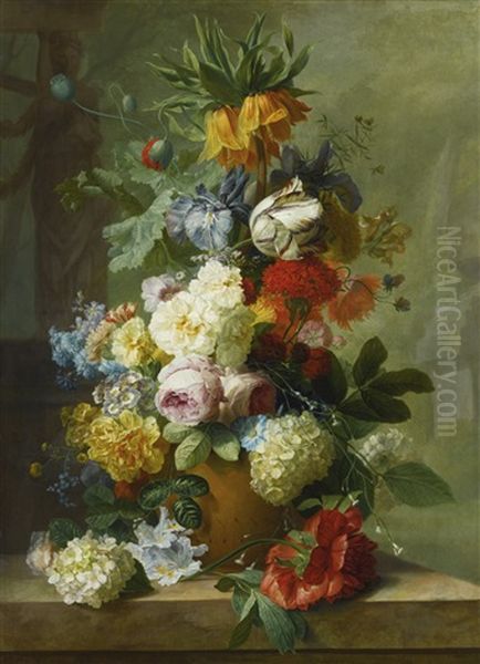 Still Life Of Flowers In A Vase On A Marble Ledge - view 1