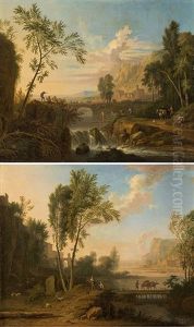 Arcadian River Landscape With Waterfall & Arcadian River Landscape With Wood Bridge (a Pair) by Jan Van Huysum