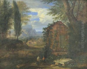 Sudliche Ideallandschaft Mit Bauernpaar Und Wanderern Bei Einem Monument Sudliche Ideallandschaft Mit Bauernpaar Und Wanderern Bei Einem Monument