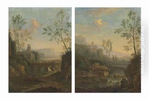 An Italianate River Landscape With A Waterfall And A Figure On A Path, A Villa And Mountains Beyond; And An Italianate River Landscape With Travellers Crossing A Bridge And A Figure On Horseback, A Villa Beyond by Jan Van Huysum