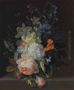 A Rose, A Snowball, Daffodils, Irises And Other Flowers In A Glass Vase, On A Stone Ledge