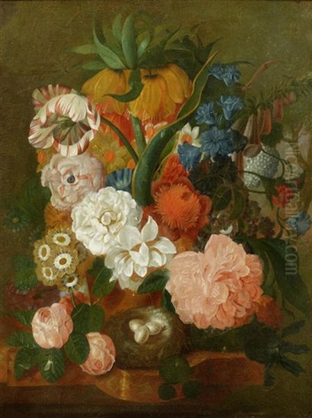 Roses, Primula And Other Flowers With Birds Nest On A Stone Ledge - view 1