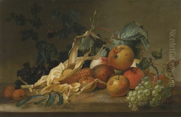 Still Life Of Blackberries, Grapes, Apples, Sweetcorn And Two Walnuts, All Upon A Stone Ledge - view 1