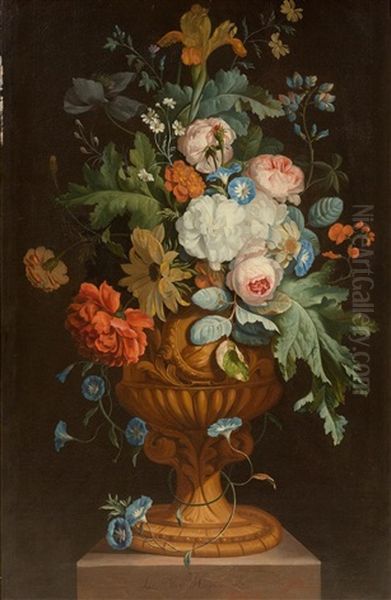 Still Life Of Flowers In A Grand Goblet On A Stone Plinth - view 1