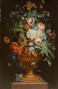Still Life Of Flowers In A Grand Goblet On A Stone Plinth