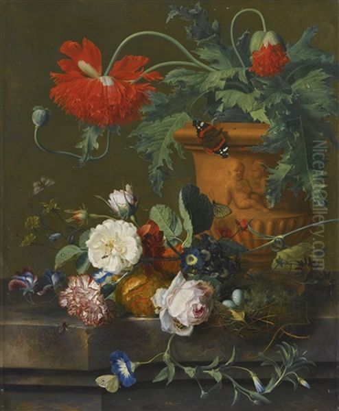 A Still Life Of Poppies In A Terracotta Vase, Roses, A Carnation And Other Flowers With A Bird's Nest On A Marble Ledge - view 1