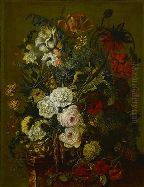 A Still Life With Roses, Tulips And Other Flowers On A Ledge - view 1