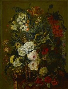 A Still Life With Roses, Tulips And Other Flowers On A Ledge by Jan Van Huysum