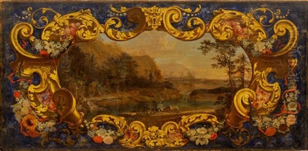 Paysage Lacustre Entoure D'un Cartouche Feuillage Dore Sur Fond De Marbre Et De Lapis Lazuli Simule Et De Guirlandes De Fleurs - view 1
