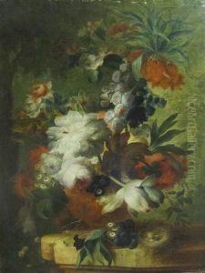A Still Life Of Fruit And Flowers Bears