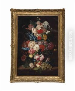 Still Life Of A Vase Of Flowers With Butterflies, Grapes And Peaches Resting Upon A Ledge by Jan Van Huysum