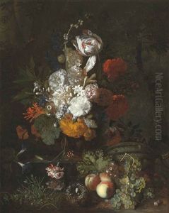 A Still Life With Flowers And Fruits With A Bird's Nest And Eggs by Jan Van Huysum