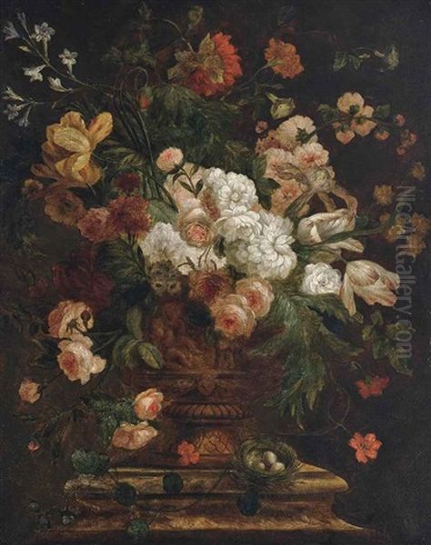 Roses, Parrot Tulips And Other Flowers In A Gilt Urn On A Plinth, With A Bird's Nest - view 1