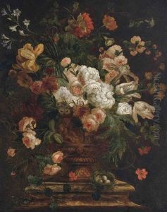 Roses, Parrot Tulips And Other Flowers In A Gilt Urn On A Plinth, With A Bird's Nest by Jan Van Huysum