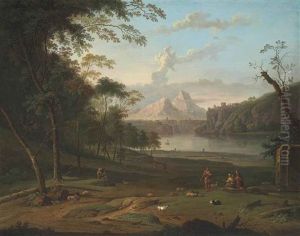A Wooded, River Landscape With Shepherds And Their Flock, A Hilltop Town And Mountains Beyond