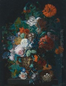 Still Life Of Roses, Tulips, Peonies And Other Flowers In A Sculpted Stone Vase, Together With A Bird's Nest On A Stone Pedestal Before A Niche by Jan Van Huysum