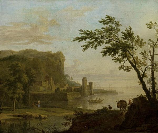 A Coastal Landscape With A Traveler And His Horse On A Path, A Walled Port In The Distance - view 1