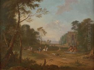 Klassische Landschaft Mit Reitern Und Brunnen, Im Hintergrund Eine Stadt