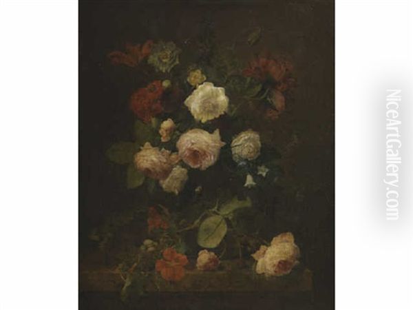 Bouquet Aux Roses, Aux Oeillets Et Aux Campanules Sur Un Entablement - view 1