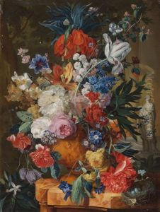 Grosses Blumenbouquet In Reliefierter Tonvase by Jan Van Huysum