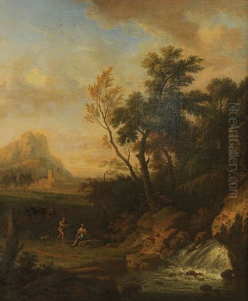 Paysage Mediterraneen Anime De Voyageurs Pres D'une Cascade - view 1