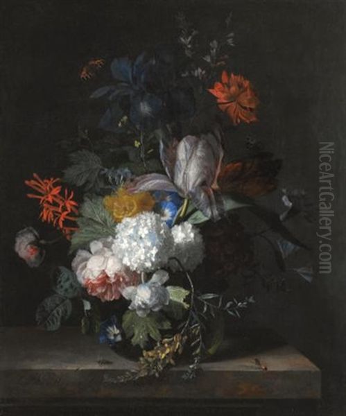 A Still Life With Hydrangea, Convolvulus, Polyanthus, Peonies, Auricula, Carnation, Tulips, Snowballs And Other Flowers In A Glass Vase Over A Stone Ledge With A Blubottle To The Left And A Hornet To The Right - view 1