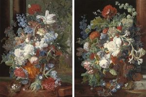 Roses And Other Flowers In A Sculpted Urn (+ Roses, Carnations; Pair) by Jan Van Huysum