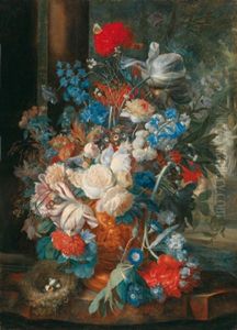 Prunkstilleben, Ein Blumenstraus In Einer Ornamental Verzierten Tonvase