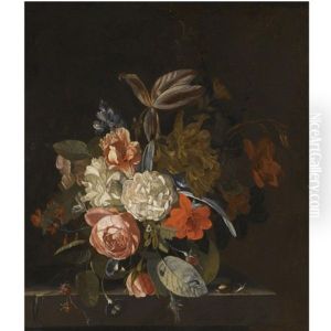 A Still Life Of Roses, Peonies, Morning Glory, A Parrot Tulip And Other Flowers, On A Stone Ledge, Together With A Snail