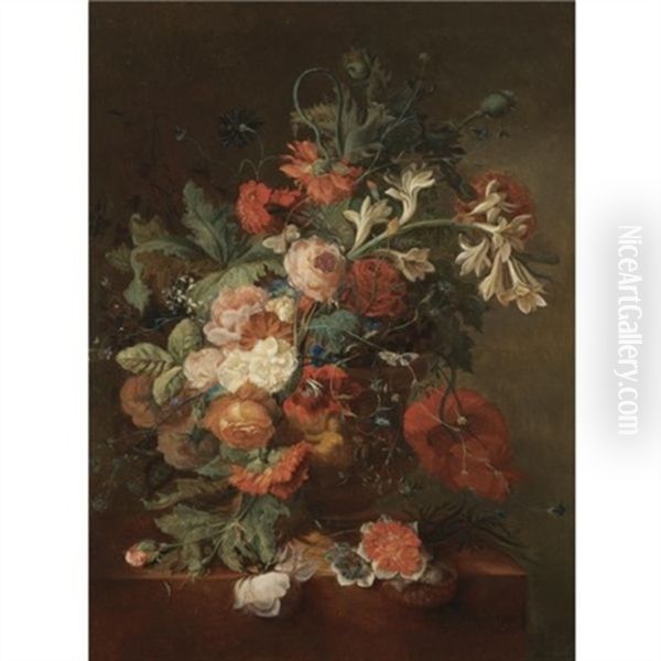 Still Life With Roses, Morning Glory, Orange Blossom And Various Other Flower Together In An Urn On A Stone Ledge - view 1