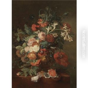 Still Life With Roses, Morning Glory, Orange Blossom And Various Other Flower Together In An Urn On A Stone Ledge