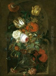 Rosen, Tulpen, Nelken, Pfingstrosen Und Andere Bluten In Einer Glasernen Vase Rosen, Tulpen, Nelken, Pfingstrosen Und Andere Bluten In Einer Glasernen Vase