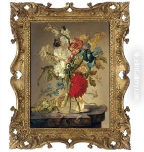 Peonies, Sweet-pea, Iris And Other Summer Flowers In A Glass Vase, With A Red Admiral Butterfly by Jan Van Huysum