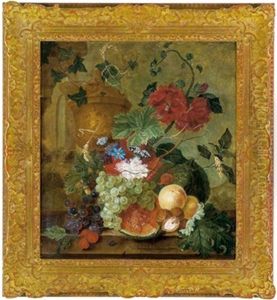Stillleben Mit Weintrauben, Melonen, Nussen Und Blumen Vor Einer Tonvase